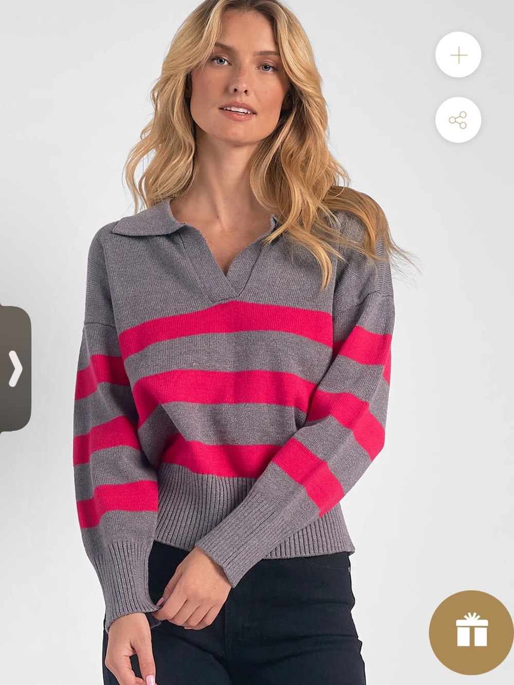 Elan Gray Sweater with Hot Pink Stripes - Collared Scoop Neck